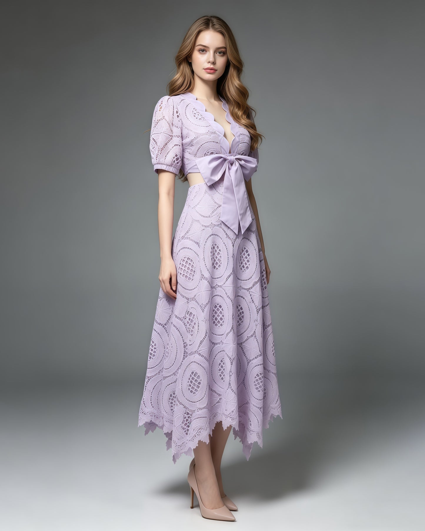 Purple Lace Bow Crop Top Midi Skirt Set