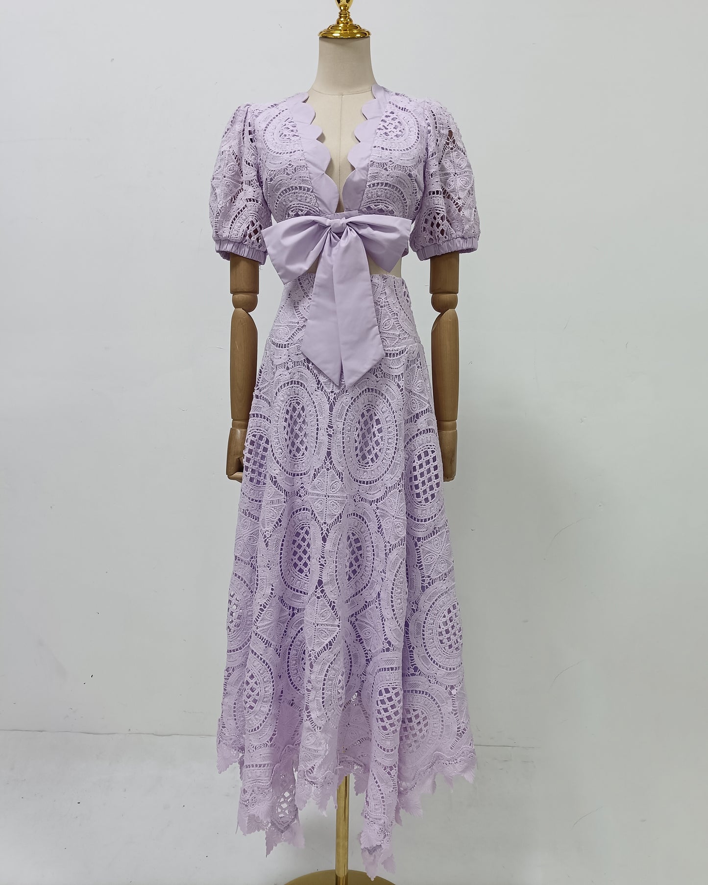 Purple Lace Bow Crop Top Midi Skirt Set