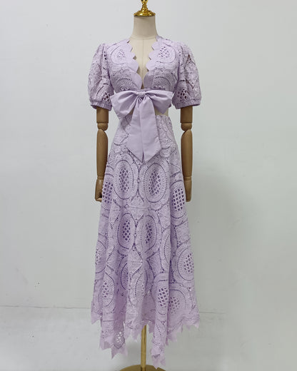 Purple Lace Bow Crop Top Midi Skirt Set