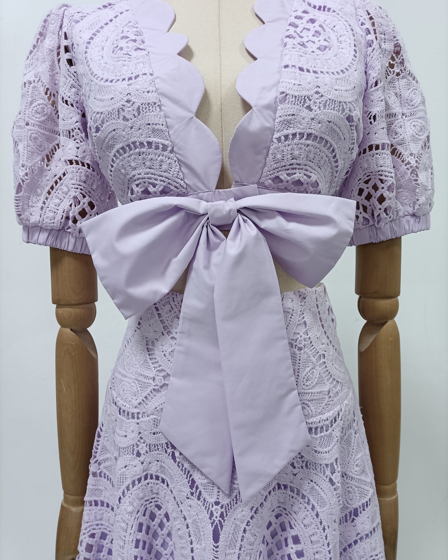 Purple Lace Bow Crop Top Midi Skirt Set