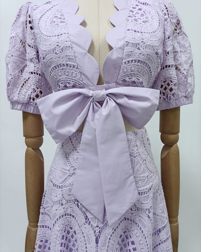 Purple Lace Bow Crop Top Midi Skirt Set
