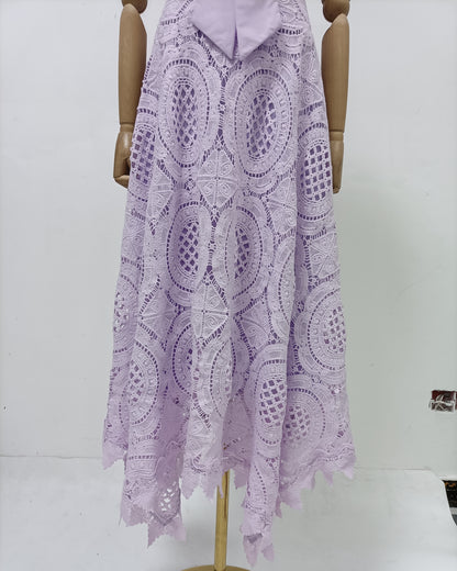 Purple Lace Bow Crop Top Midi Skirt Set