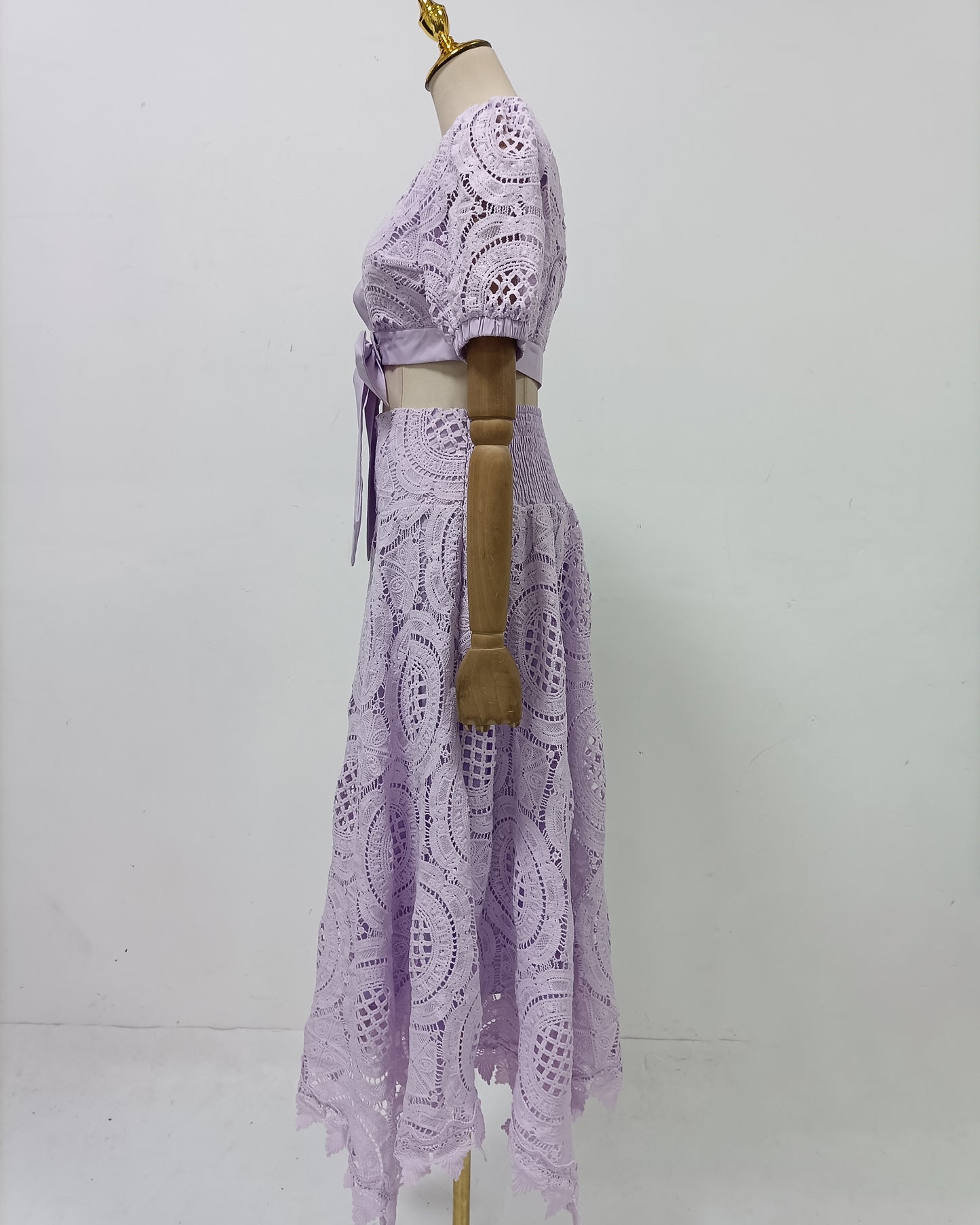 Purple Lace Bow Crop Top Midi Skirt Set