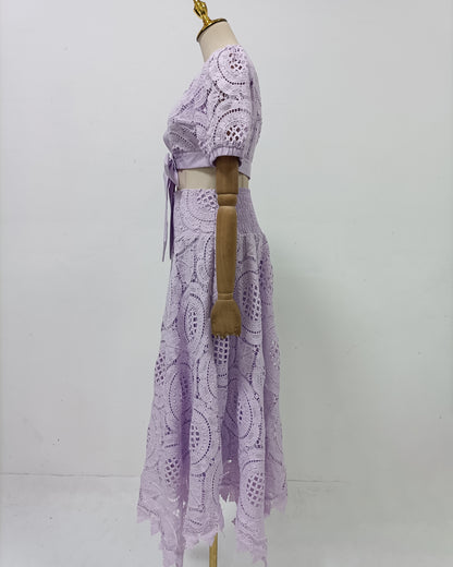 Purple Lace Bow Crop Top Midi Skirt Set