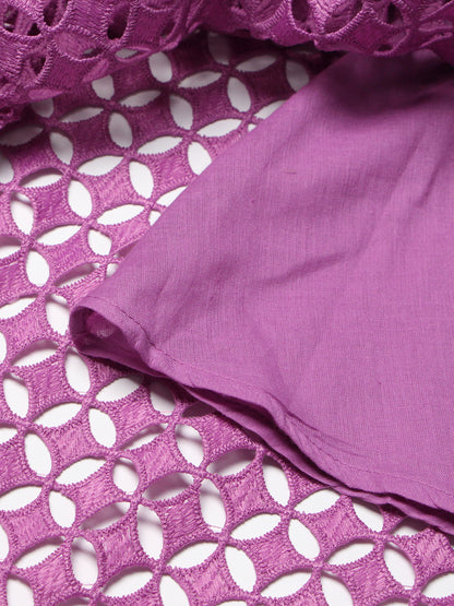 Purple Lace Hollow-Out Long Sleeve Midi Dress