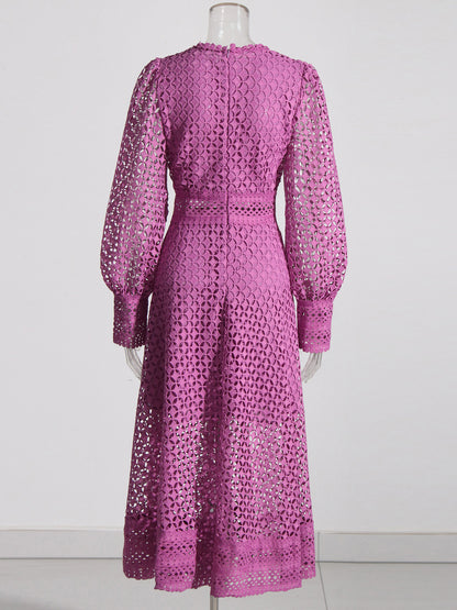 Purple Lace Hollow-Out Long Sleeve Midi Dress