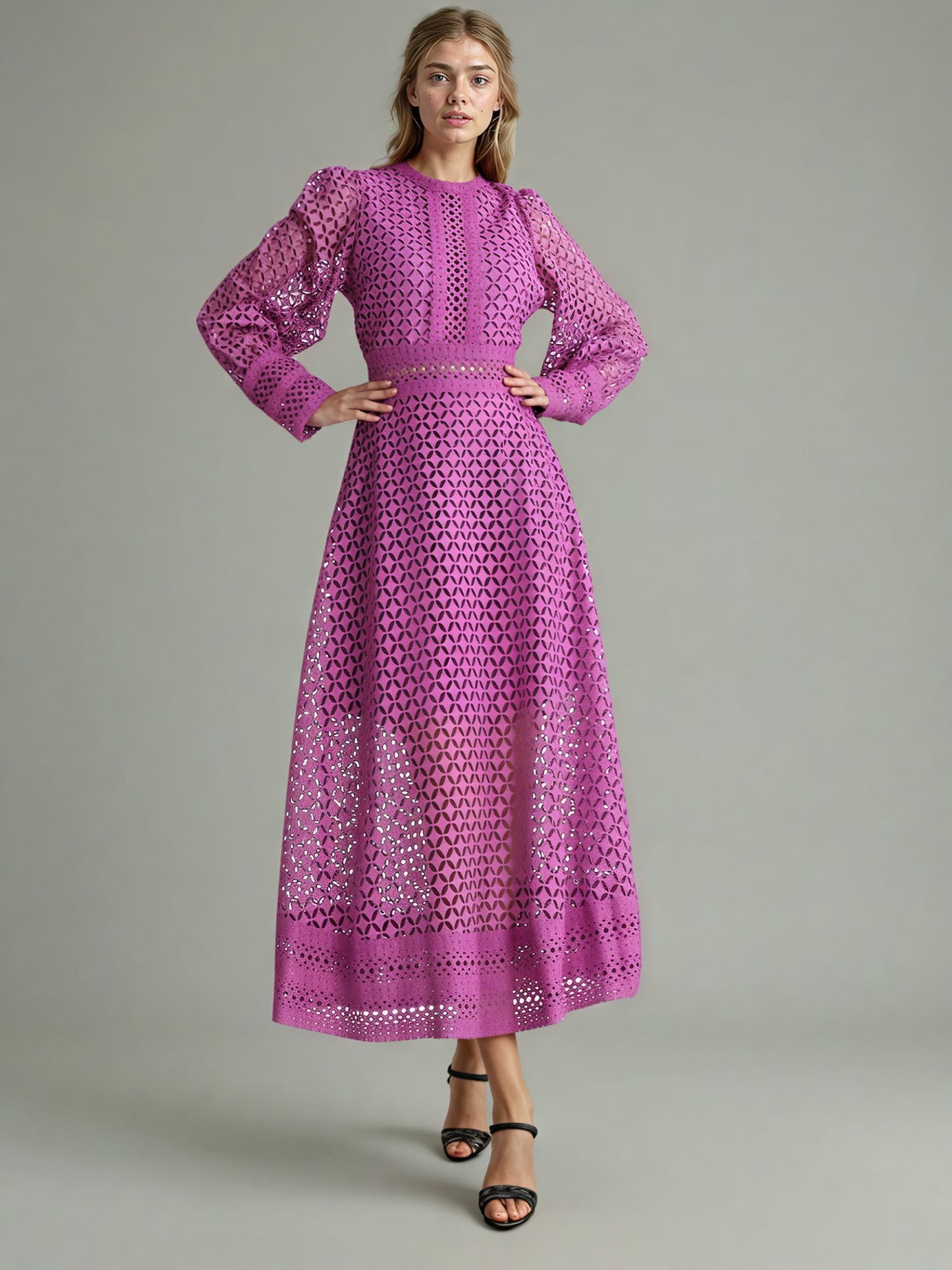 Purple Lace Hollow-Out Long Sleeve Midi Dress