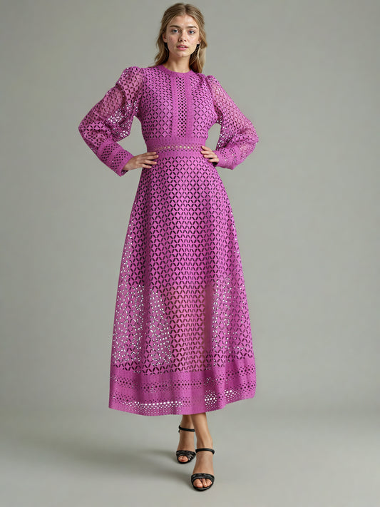 Purple Lace Hollow-Out Long Sleeve Midi Dress