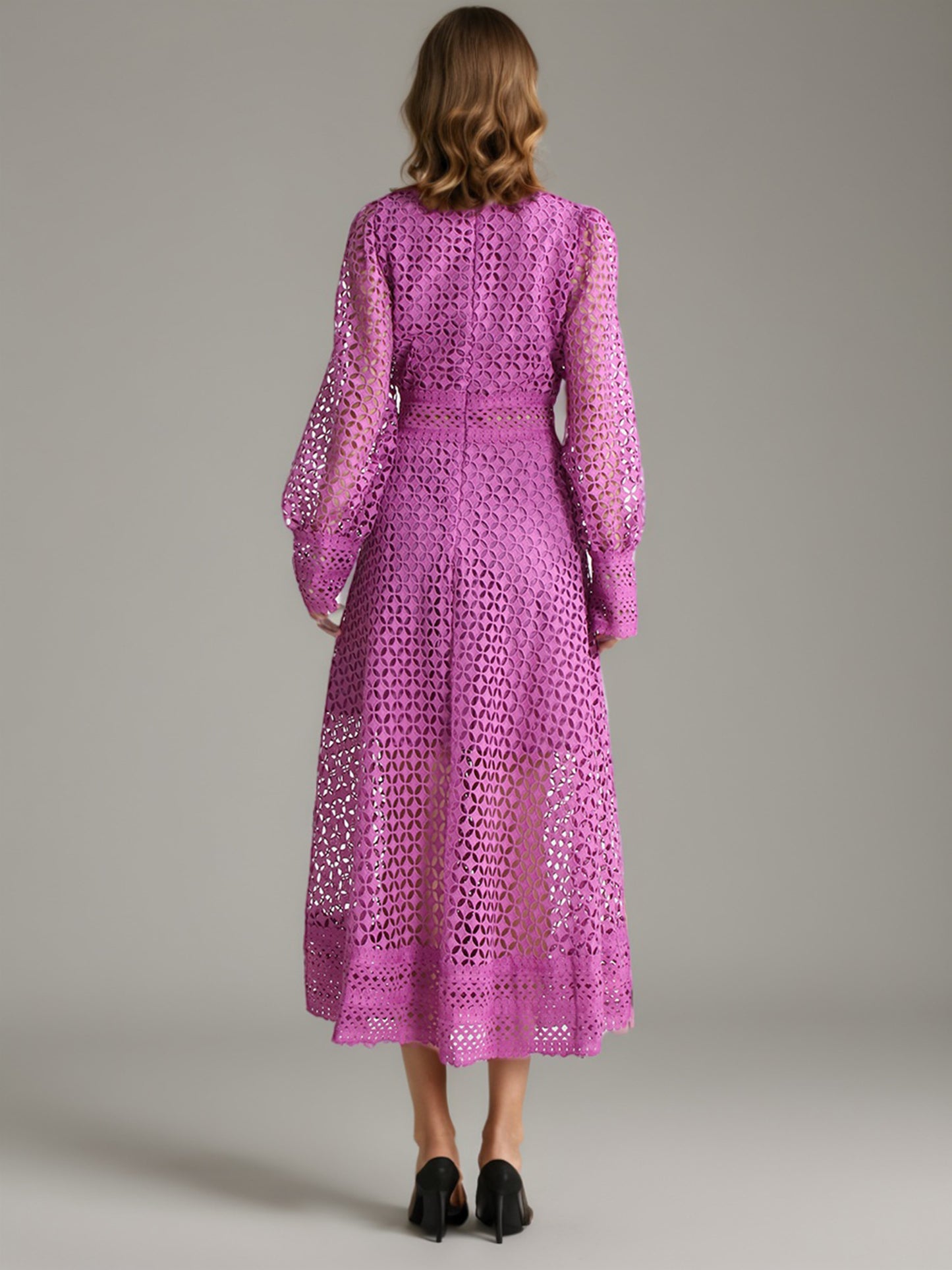 Purple Lace Hollow-Out Long Sleeve Midi Dress