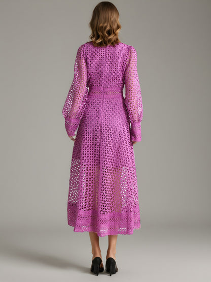Purple Lace Hollow-Out Long Sleeve Midi Dress