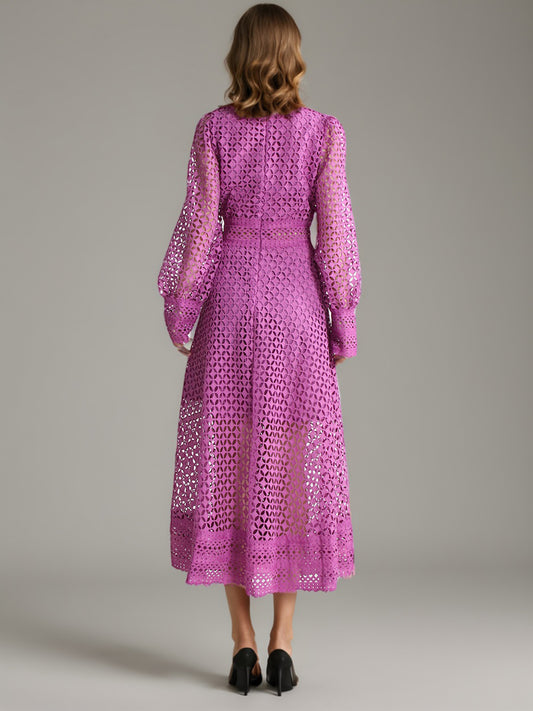 Purple Lace Hollow-Out Long Sleeve Midi Dress