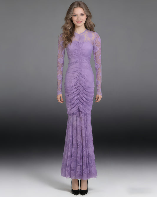 Purple Lace Ruched Mermaid Gown