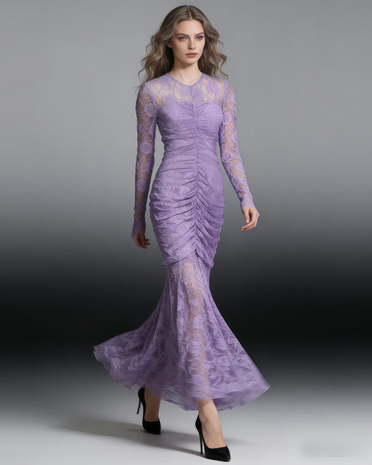 Purple Lace Ruched Mermaid Gown