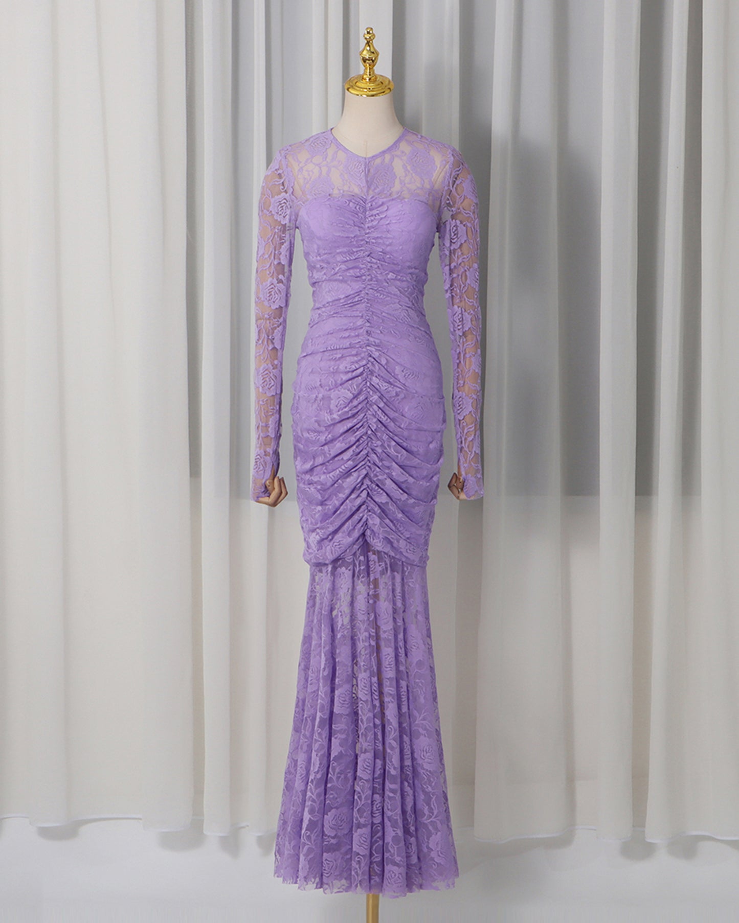 Purple Lace Ruched Mermaid Gown