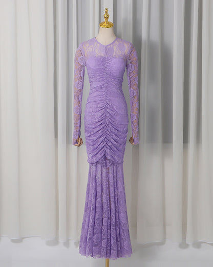 Purple Lace Ruched Mermaid Gown