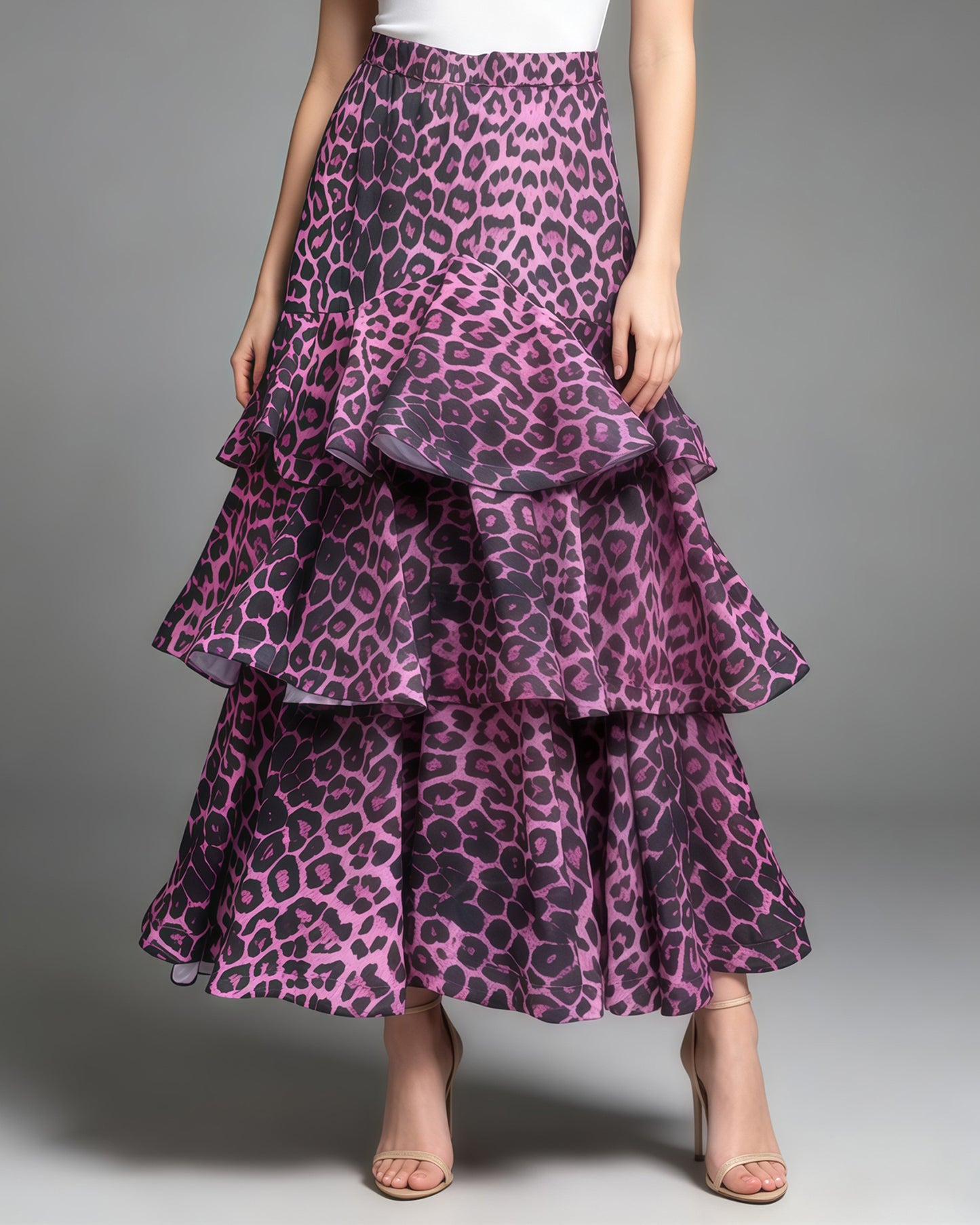 Purple Leopard Tiered Ruffle Hem Maxi Skirt