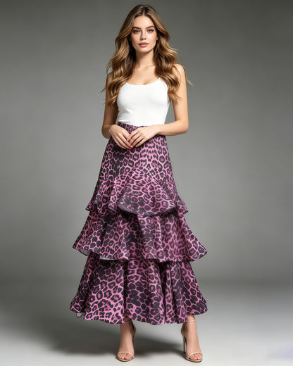 Purple Leopard Tiered Ruffle Hem Maxi Skirt