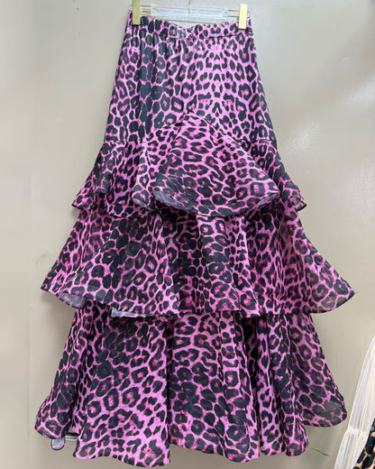 Purple Leopard Tiered Ruffle Hem Maxi Skirt