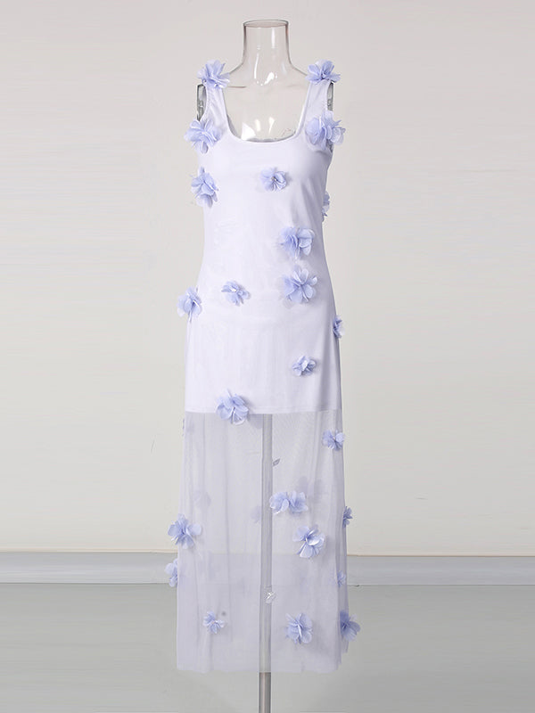 Purple Mesh Sleeveless 3D Floral Appliques Dress