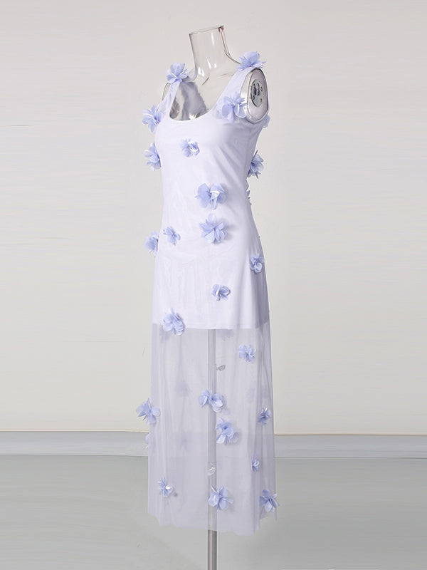 Purple Mesh Sleeveless 3D Floral Appliques Dress
