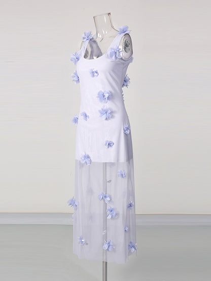 Purple Mesh Sleeveless 3D Floral Appliques Dress
