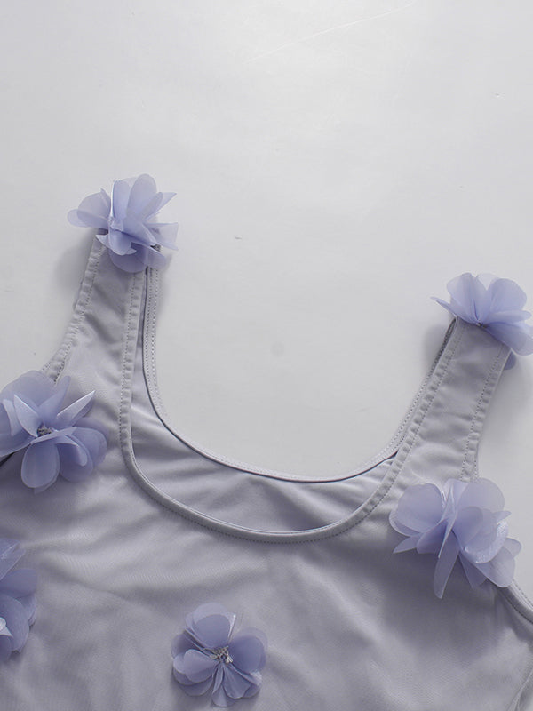 Purple Mesh Sleeveless 3D Floral Appliques Dress