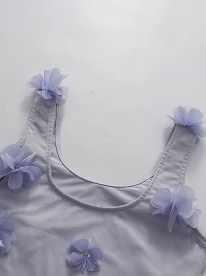 Purple Mesh Sleeveless 3D Floral Appliques Dress