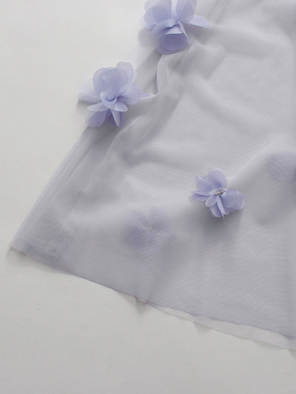 Purple Mesh Sleeveless 3D Floral Appliques Dress