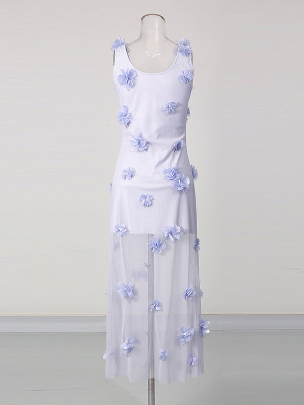 Purple Mesh Sleeveless 3D Floral Appliques Dress