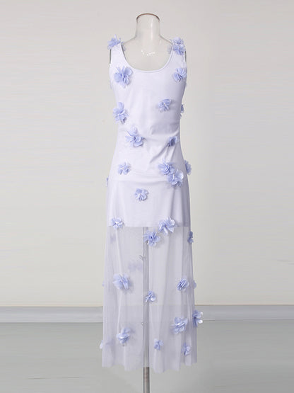 Purple Mesh Sleeveless 3D Floral Appliques Dress