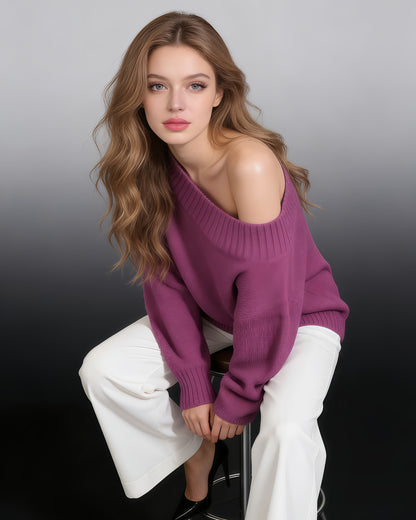Purple Off-Shoulder Oversized Knit Sweater