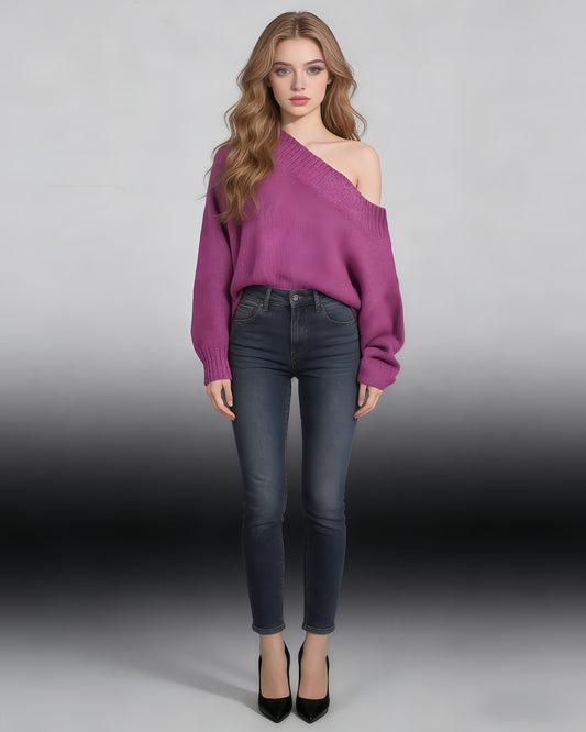 Purple Off-Shoulder Oversized Knit Sweater