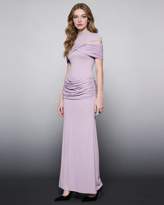 Purple Off-Shoulder Ruched Bodycon Maxi Dress