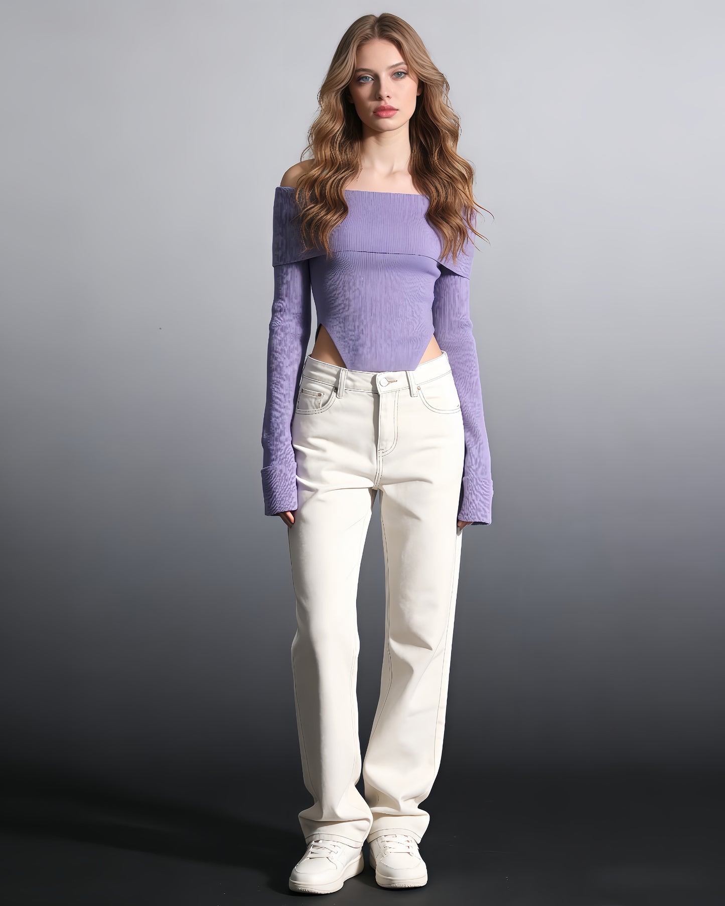 Purple Off-the-Shoulder Ribbed Knit Top
