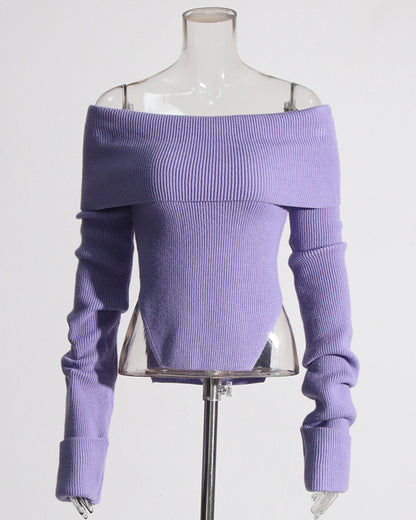 Purple Off-the-Shoulder Ribbed Knit Top