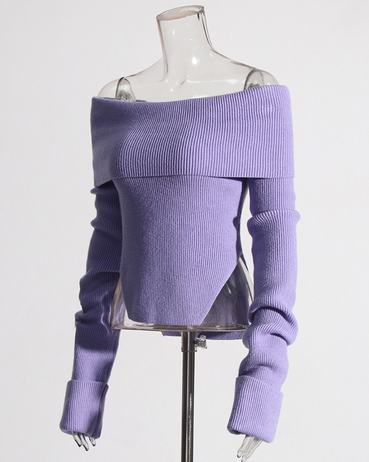 Purple Off-the-Shoulder Ribbed Knit Top