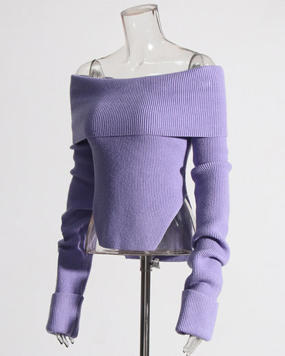 Purple Off-the-Shoulder Ribbed Knit Top