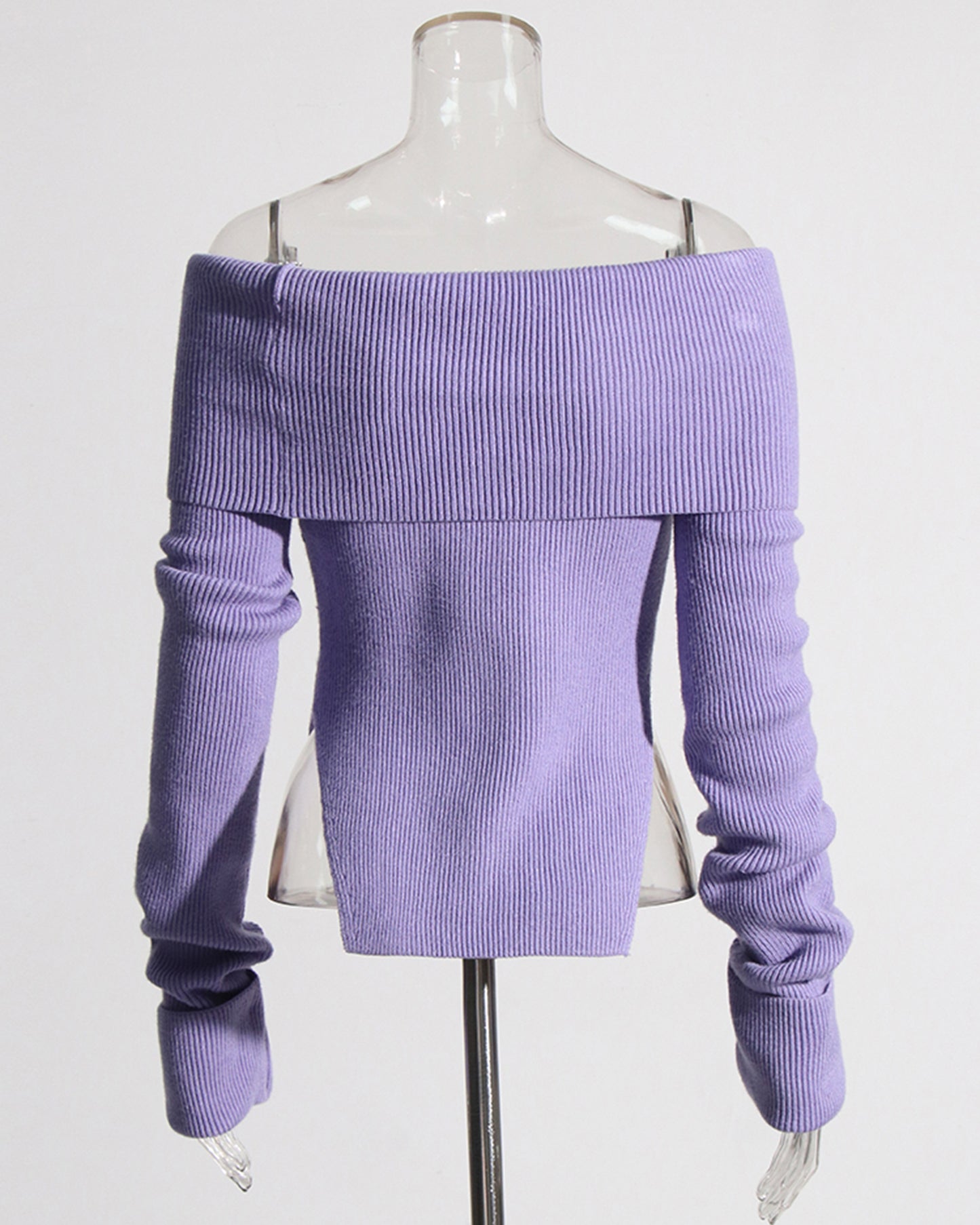 Purple Off-the-Shoulder Ribbed Knit Top