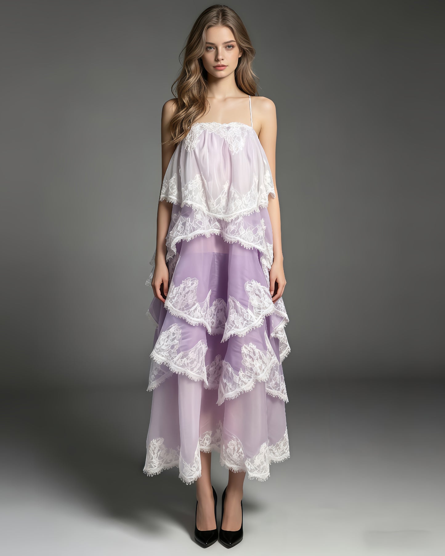 Purple Ombre Lace Tiered Midi Dress