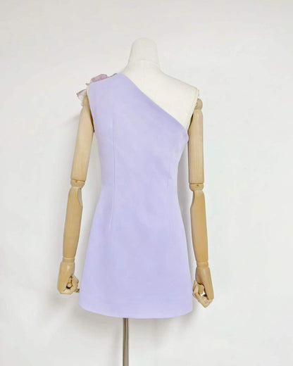 Purple One-Shoulder Floral Appliqué Mini Dress