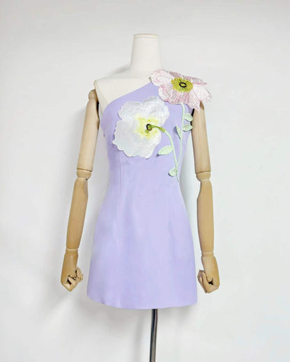 Purple One-Shoulder Floral Appliqué Mini Dress