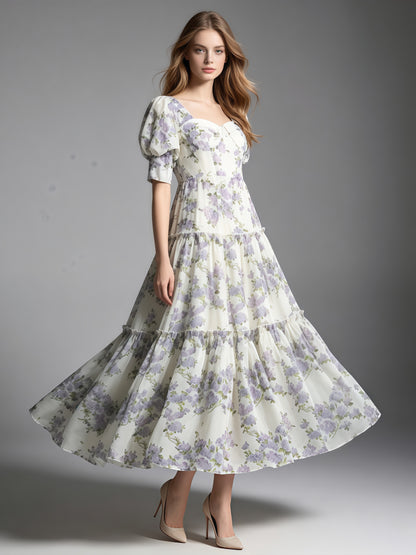Purple Print Sweetheart Neck Puff Sleeve Midi Dress
