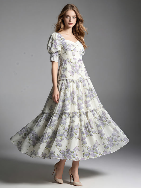 Purple Print Sweetheart Neck Puff Sleeve Midi Dress