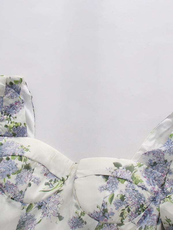 Purple Print Sweetheart Neck Puff Sleeve Midi Dress