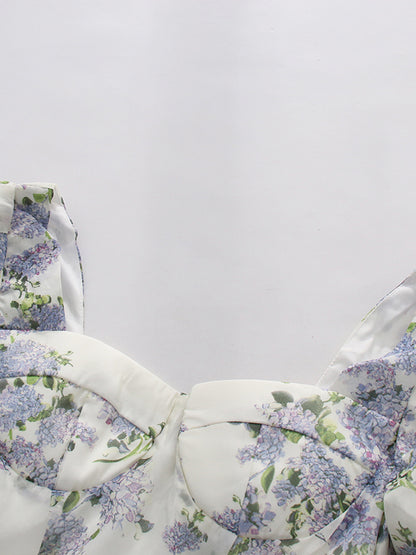 Purple Print Sweetheart Neck Puff Sleeve Midi Dress