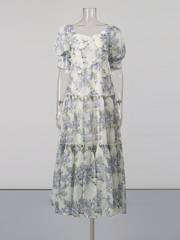 Purple Print Sweetheart Neck Puff Sleeve Midi Dress