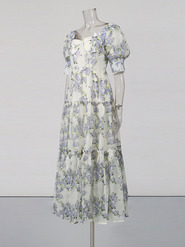 Purple Print Sweetheart Neck Puff Sleeve Midi Dress