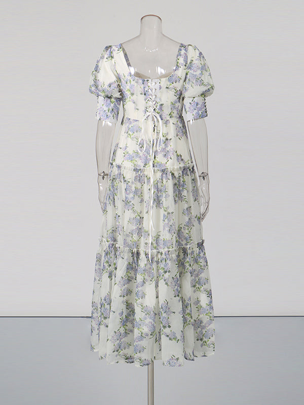 Purple Print Sweetheart Neck Puff Sleeve Midi Dress