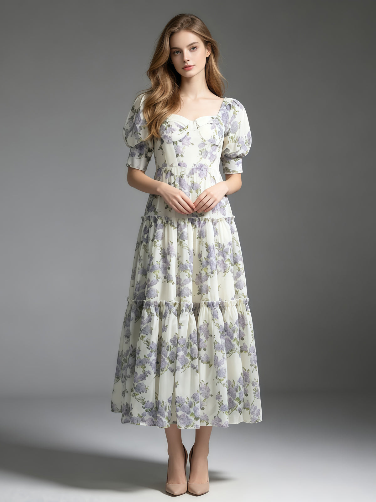 Purple Print Sweetheart Neck Puff Sleeve Midi Dress