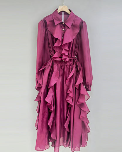 Purple Shirt Collar Ruffled Shiny Maxi Dress